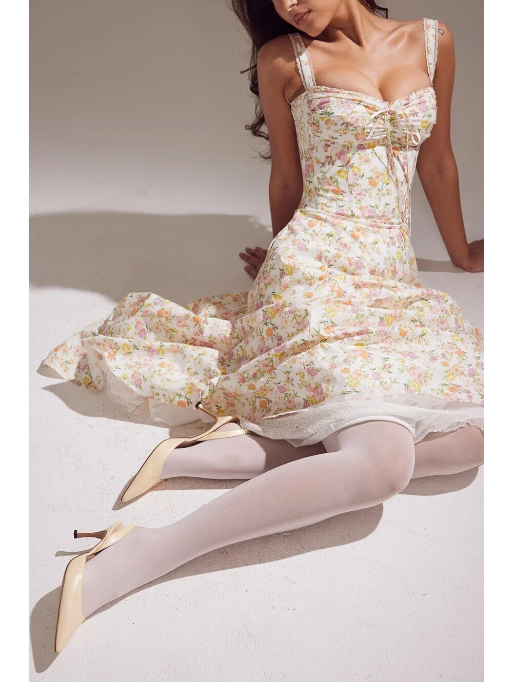 NEW, House of CB Rosalee ivory meadow print cotton bustier sundress L+ #MD2574